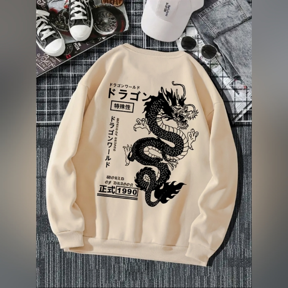 Stylish Chinese Dragon Print Crew Neck Sweatshirt